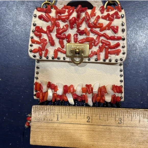 SALVATORE FERRAGAMO Vintage Coral Bead & White Leather Coin Purse +Chain RARE - Picture 12 of 13